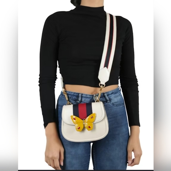 Gucci Butterfly Mini Shoulder Bag – Web Stripe, Cream Leather (Style 505383) - Picture 2 of 13